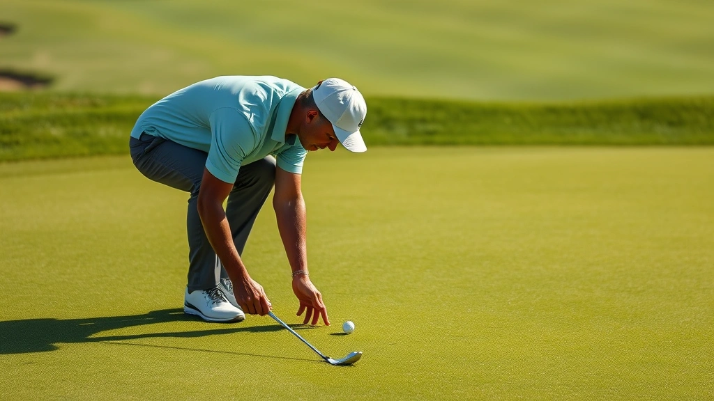 Golfer analyzing green contours and slope patterns before putting, bent over studying putt line, natural daylight, detailed grass texture, professional tournament setting, photorealistic
