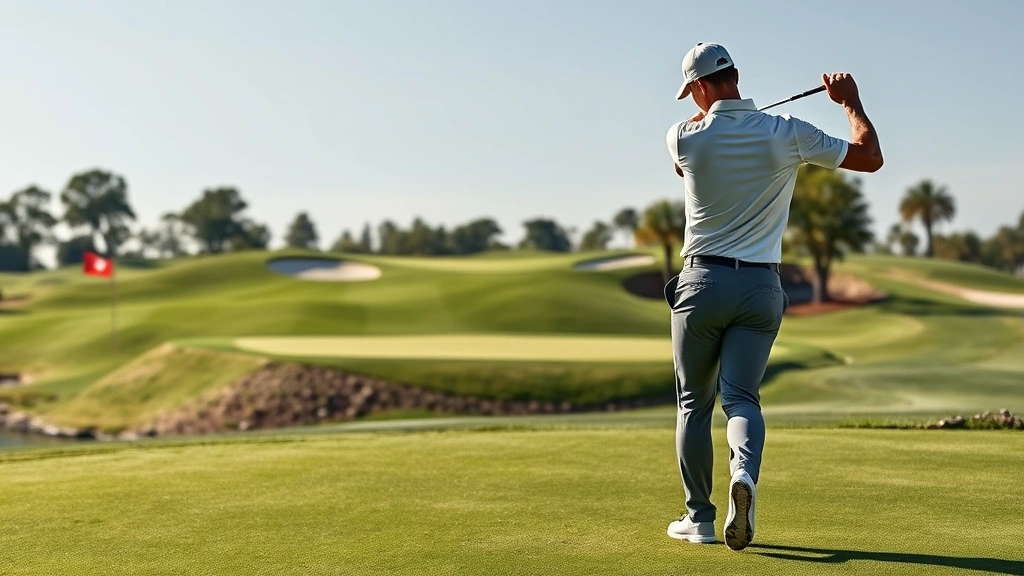 Expert golfer playing approach shot from fairway toward elevated green with bunkers, mid-swing follow-through, professional golf course architecture, realistic lighting and shadows, pristine condition