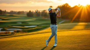 Professional golfer mid-swing at sunrise on a well-manicured fairway with beautiful course layout visible, golden morning light, focused expression, demonstrating proper form and posture