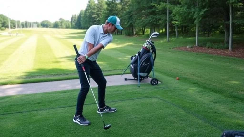 Golfer practicing proper stance and posture at driving range with alignment sticks on grass, focused instruction setting, natural daylight, realistic form demonstration
