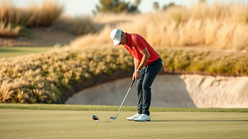 Professional golfer executing chip shot on practice green near sand bunker with focused concentration and proper technique form visible
