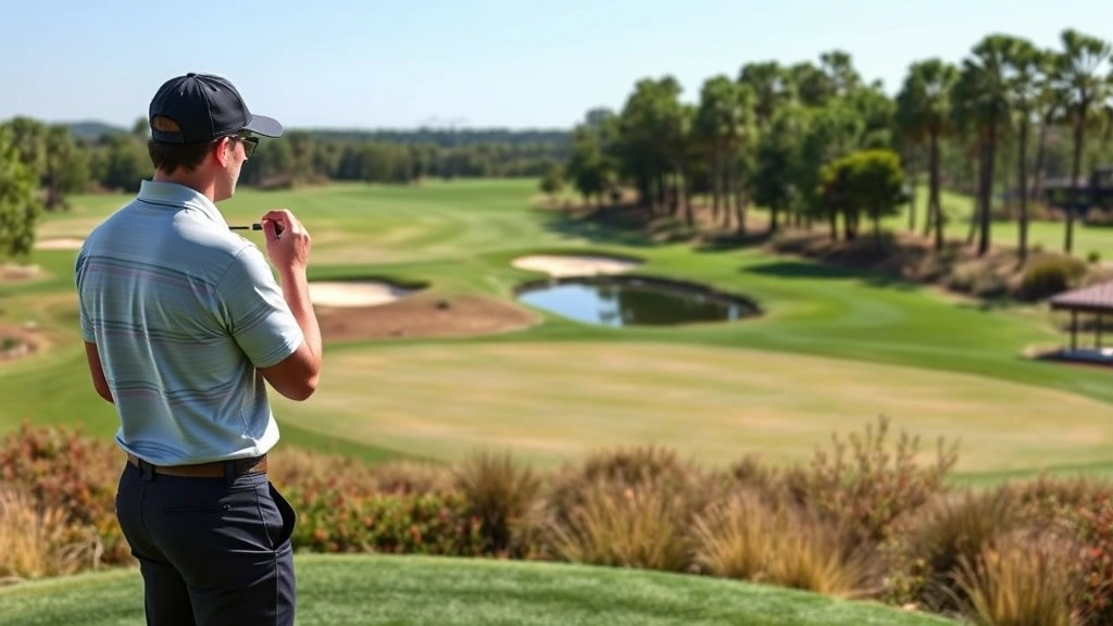 Golfer analyzing course strategy while standing on tee box overlooking fairway with strategic bunker and water hazard placement, studying layout before shot, thoughtful concentration