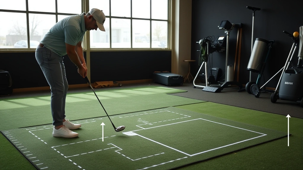 Golfer practicing putting on indoor putting green with alignment tools and distance markers, demonstrating deliberate practice methodology and skill refinement