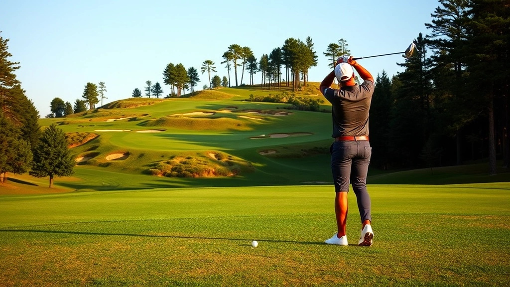 Golfer completing follow-through on approach shot toward green complex with multiple elevation levels, demonstrating technical execution on challenging terrain, natural lighting, championship course setting