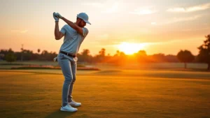 Professional golfer demonstrating proper grip and stance at sunrise on well-maintained golf course fairway