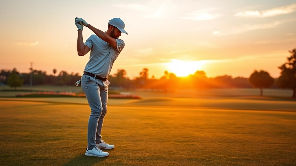 Professional golfer demonstrating proper grip and stance at sunrise on well-maintained golf course fairway