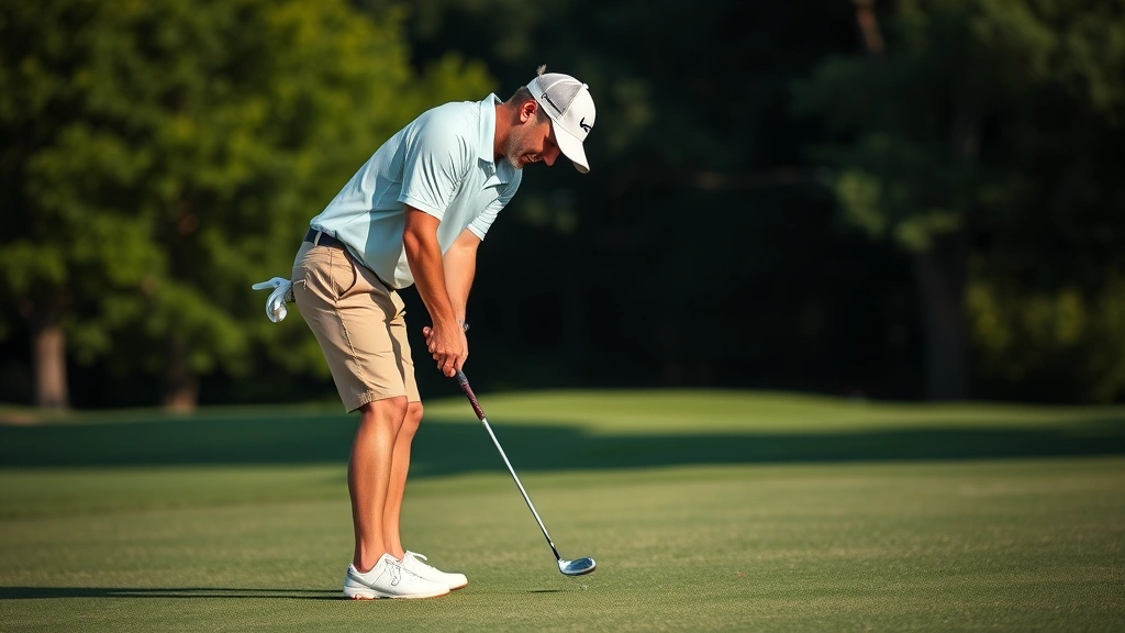Golfer executing precise chip shot near practice green with focused concentration and proper form
