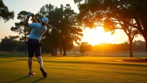 Golfer mid-swing at sunrise on manicured fairway with trees lining course, demonstrating proper form and posture