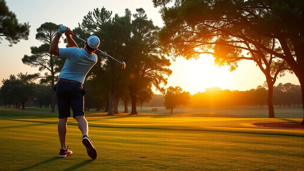 Golfer mid-swing at sunrise on manicured fairway with trees lining course, demonstrating proper form and posture
