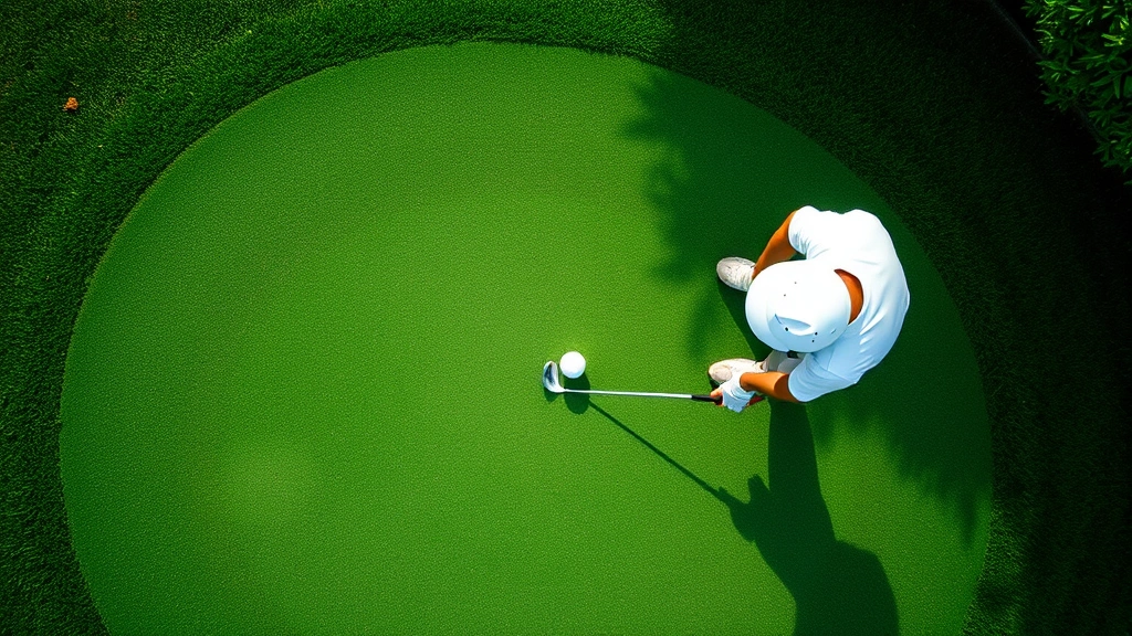 Overhead view of golfer reading green with undulating contours, analyzing putt line before striking ball