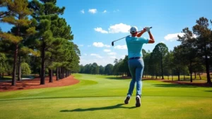 Professional golfer mid-swing on manicured fairway with trees and blue sky, natural sunlight, focused concentration, athletic form