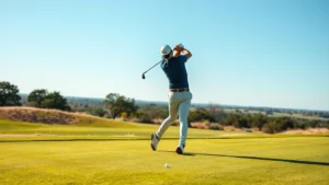 Professional golfer mid-swing on manicured fairway with Oklahoma landscape in background, clear blue sky, morning light casting shadows across well-maintained grass