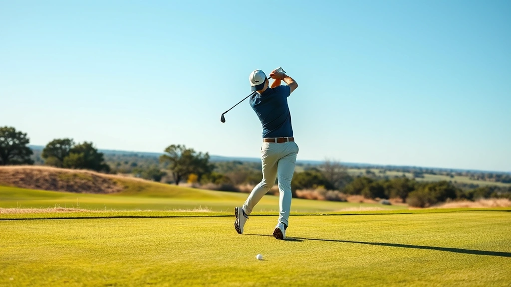 Professional golfer mid-swing on manicured fairway with Oklahoma landscape in background, clear blue sky, morning light casting shadows across well-maintained grass