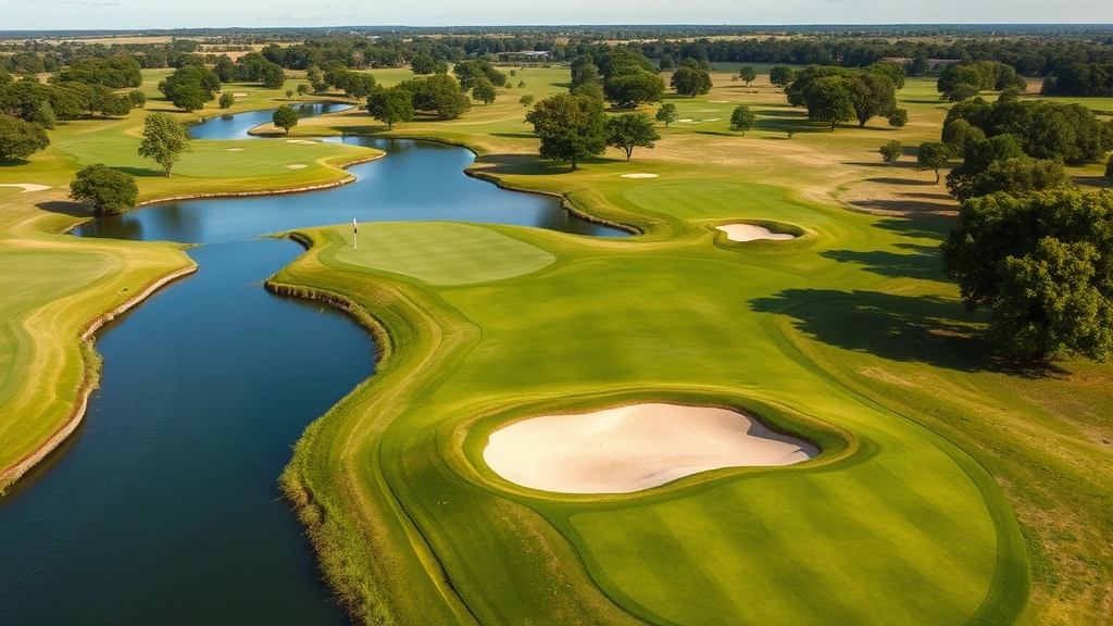 Golf course landscape with undulating greens, water hazards, sand bunkers, lush fairways, mature trees, scenic Oklahoma terrain, clear day