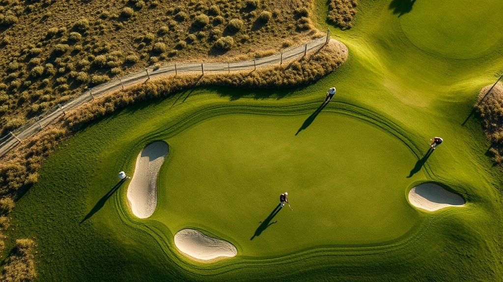 Overhead view of lush green putting surface with strategic bunker placement, golfers in distance assessing their approach, natural terrain elevation visible