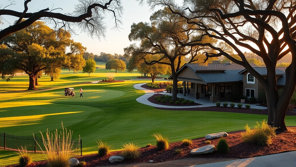 Golf course clubhouse facility with professional landscaping, practice range with golfers warming up, oak trees framing the scene, late afternoon golden hour lighting
