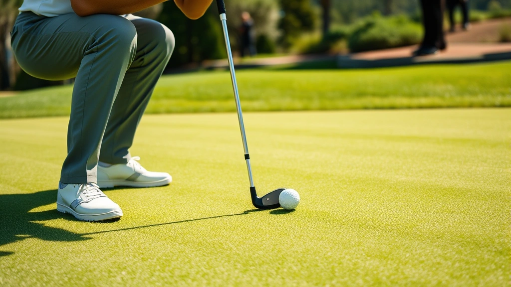 Golfer in putting stance on green, reading break and slope by crouching behind ball, examining green surface for grain direction, bright daylight with manicured grass