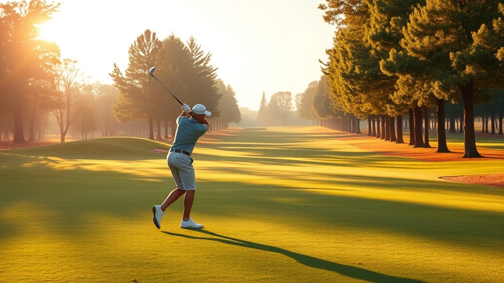Golfer mid-swing on a wide, well-maintained fairway with mature trees lining the course, morning sunlight, peaceful learning atmosphere, no text visible