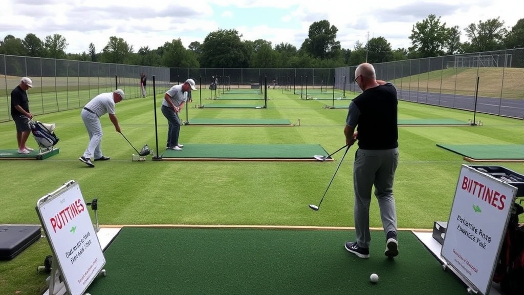 Practice range with multiple golfers hitting balls toward distance markers, professional setup with organized bays, outdoor learning environment, no signage with text