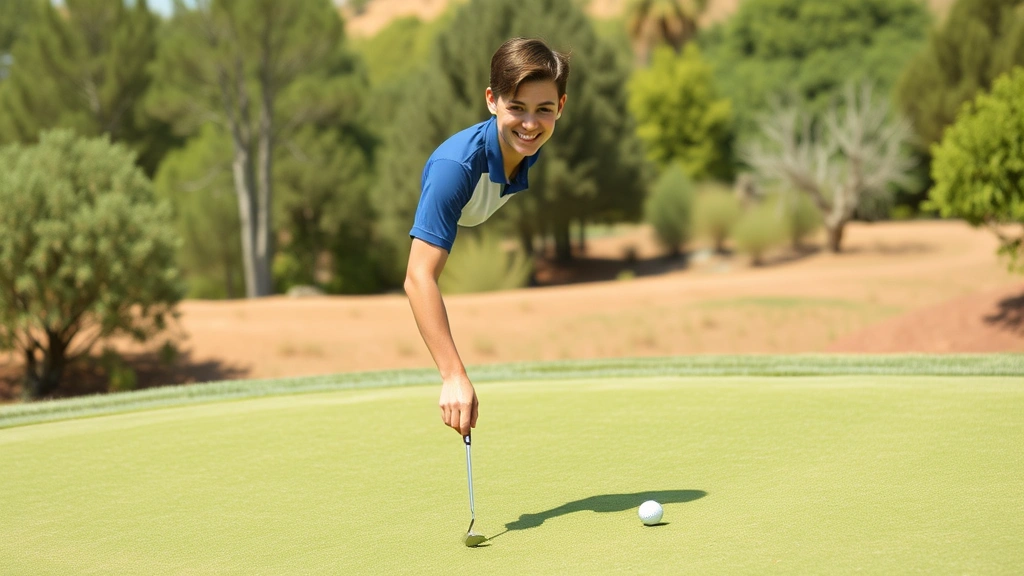 Beginner golfer smiling after successful putt on green, small putting green with natural landscape background, positive achievement moment, no scorecard or text visible
