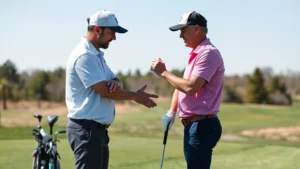 Professional golf coach providing hands-on instruction to adult golfer on practice range, demonstrating proper grip and stance technique, natural outdoor setting with golf balls and training equipment visible