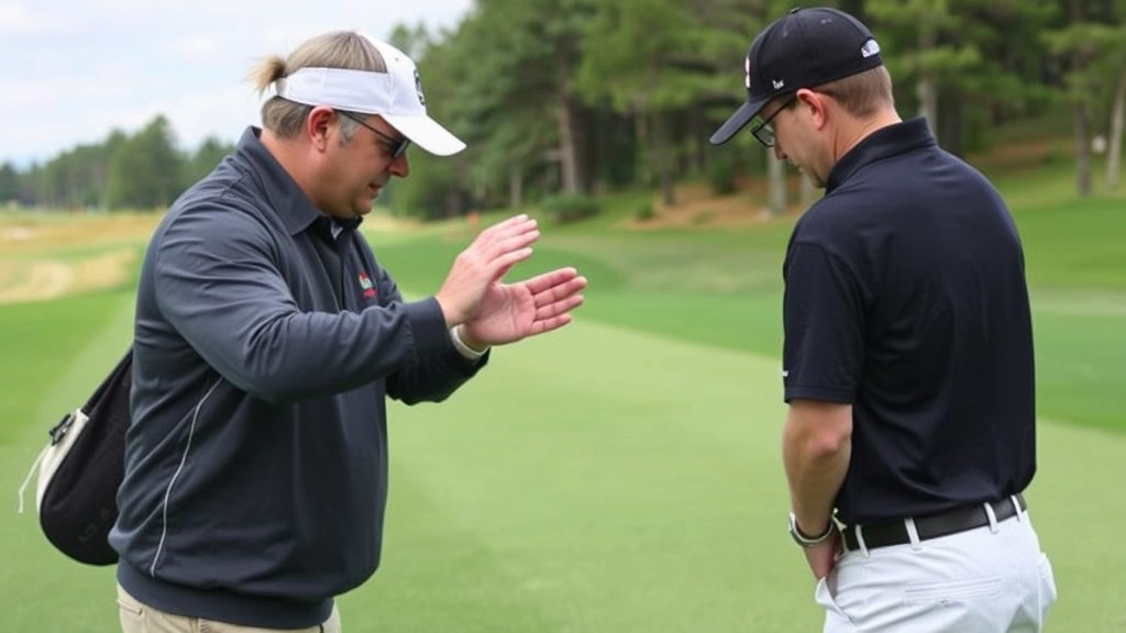Professional golf instructor demonstrating proper grip and stance to a student golfer on the practice range at Eisenhower Golf Course, showing detailed hand positioning and body alignment