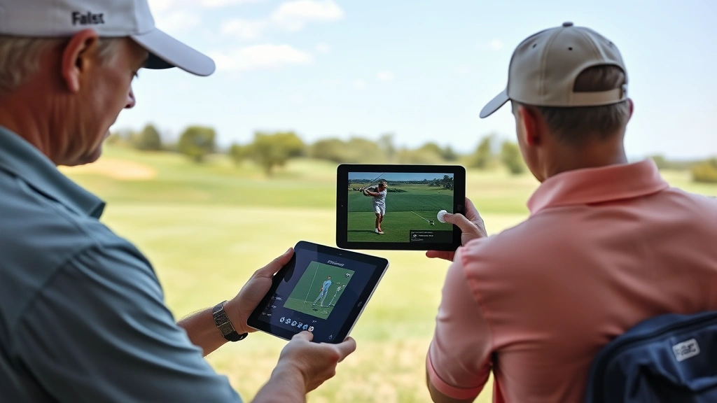 Golf instructor analyzing student's swing technique using video playback technology, reviewing mechanics on a tablet screen with the course visible in background