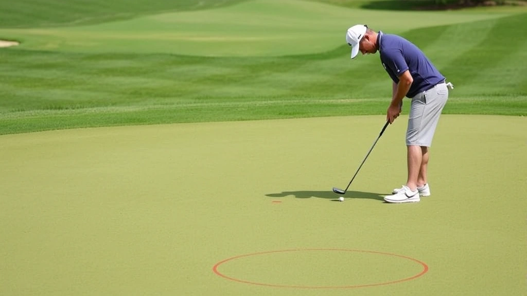 Golfer practicing putting on the practice green at Eisenhower Course, concentrating on a putt with multiple targets visible, showing focused practice environment