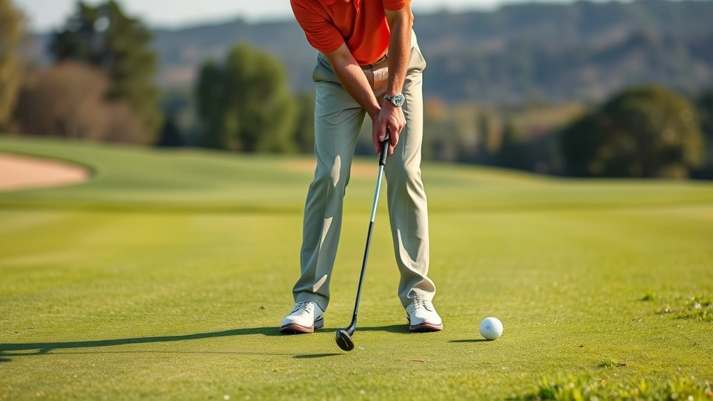 Golfer in proper stance and posture on green fairway, demonstrating correct body alignment and weight distribution during address position, natural lighting