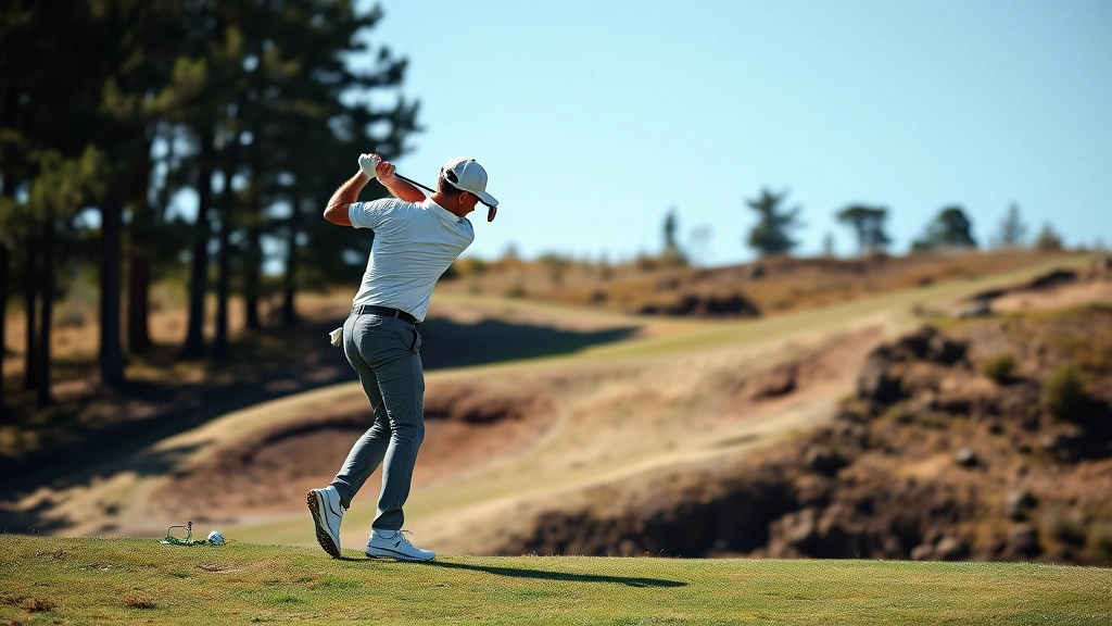 Golfer executing downswing on elevated terrain with visible slope changes, showing balance and control on uneven ground with trees in background