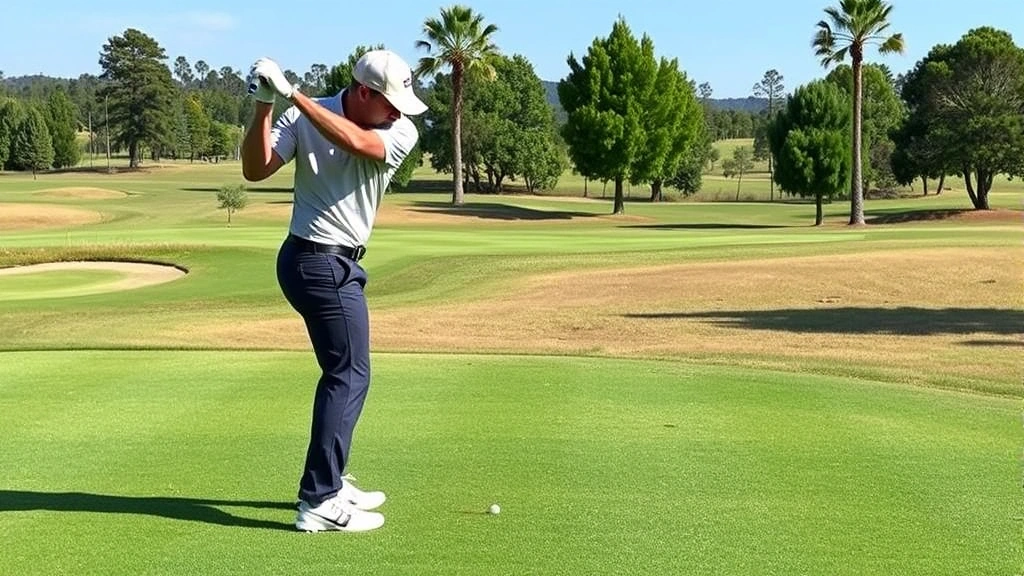 Golfer completing follow-through with balanced finish position on fairway, showing full weight transfer and proper club extension toward target