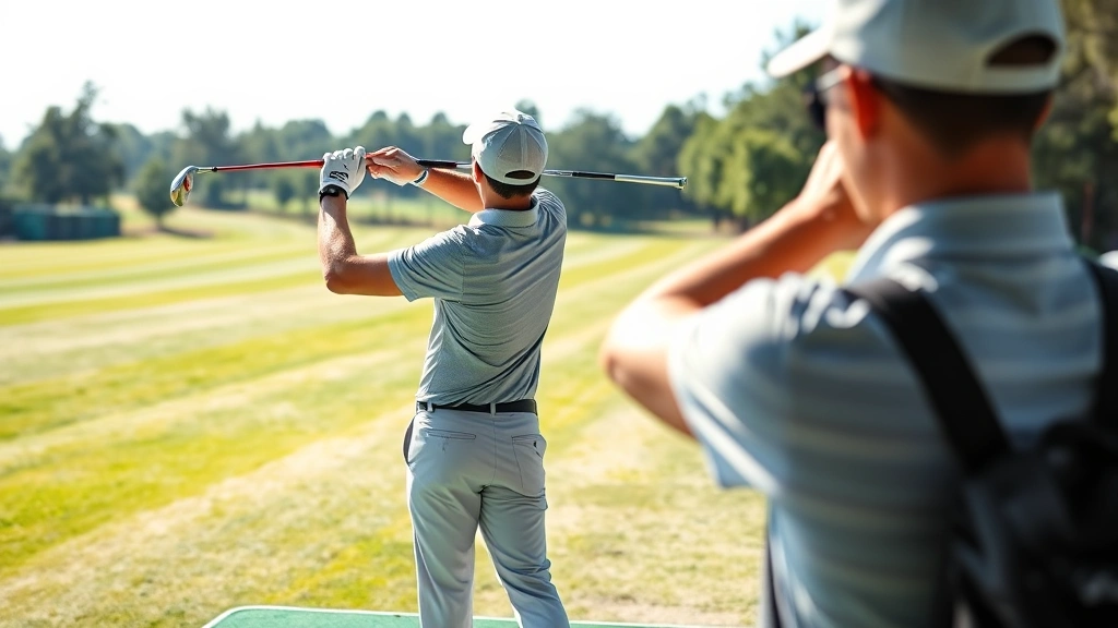 Professional golfer practicing swing technique at driving range with proper posture and grip alignment, natural outdoor lighting, morning practice session