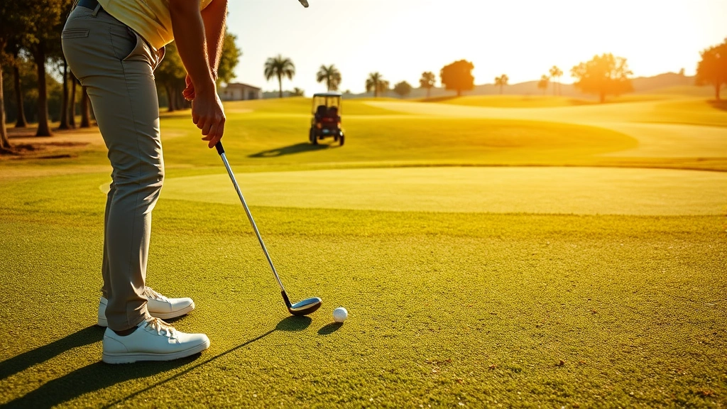 Golfer executing chip shot near putting green with focused concentration, well-maintained golf course landscape, clear sunny conditions