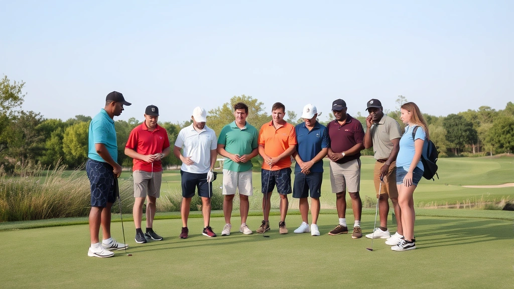 Group of golfers celebrating successful putt on green, community and social interaction, supportive learning environment, natural course setting