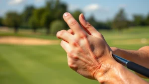 Close-up of hands demonstrating proper golf grip on club, showing finger positioning and alignment, outdoor golf range setting with blurred fairway background