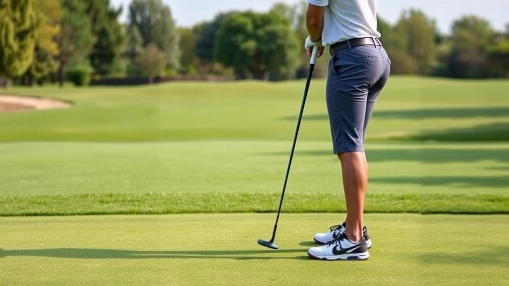 Golfer in proper stance and posture position at address, showing correct foot placement, knee bend, and spine angle, standing on manicured golf fairway with trees visible