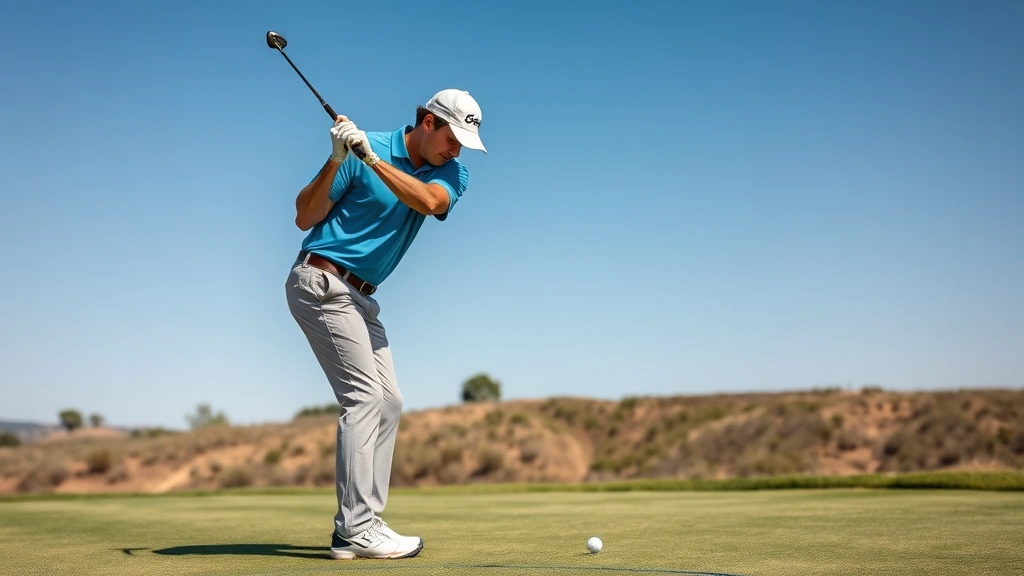 Golfer demonstrating proper grip and stance position on practice range with golf clubs, natural daylight, realistic photography