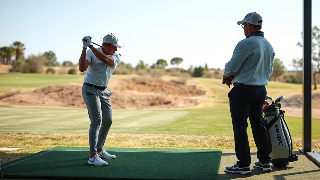 Golfer practicing swing mechanics on driving range with professional instructor observing, natural lighting, outdoor golf facility setting