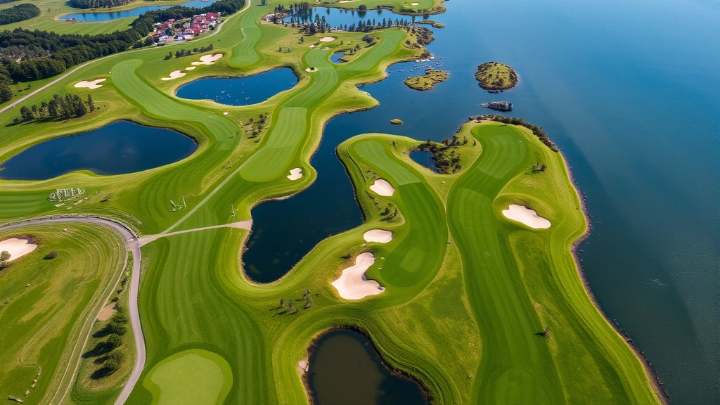 Aerial view of golf course with water hazards, fairways, and green complexes visible, showing strategic course layout and design