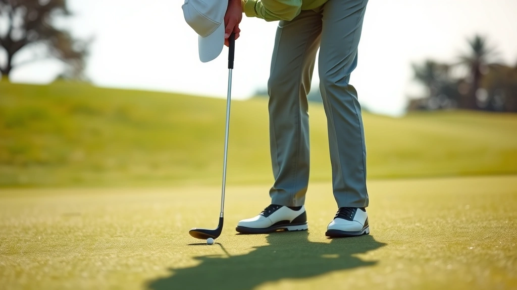 Golfer reading green with focused concentration, studying putt line from multiple angles, professional putting green surface, natural daylight