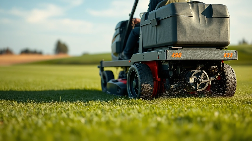 Close-up of professional groundskeeper operating precision mowing equipment on pristine golf course fairway, demonstrating turf maintenance expertise and equipment technology