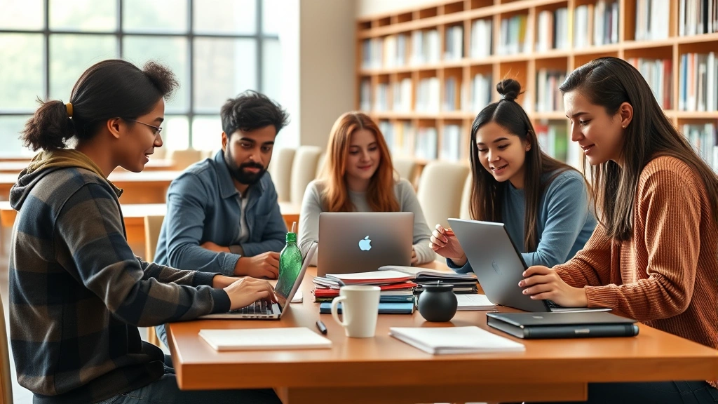 A diverse group of college students studying together at a library table with laptops and notebooks, engaged in collaborative learning and course planning, warm natural lighting