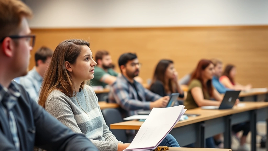 A student sitting in a university classroom with other students, attentively listening to a professor teach, demonstrating active learning and course engagement