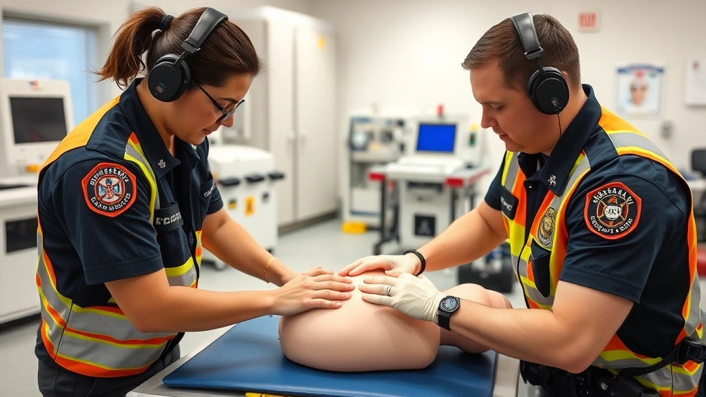 Paramedics conducting hands-on CPR training on simulation mannequin in well-equipped training facility with modern medical equipment visible in background
