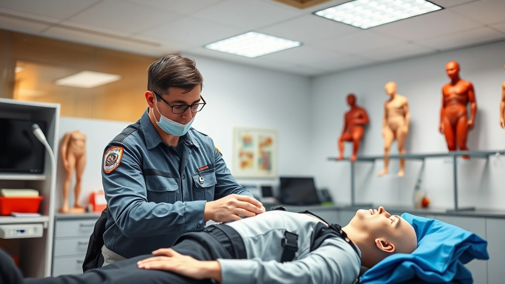 Professional EMT instructor demonstrating patient assessment techniques on adult training manikin in bright, modern medical simulation classroom environment with anatomical models visible