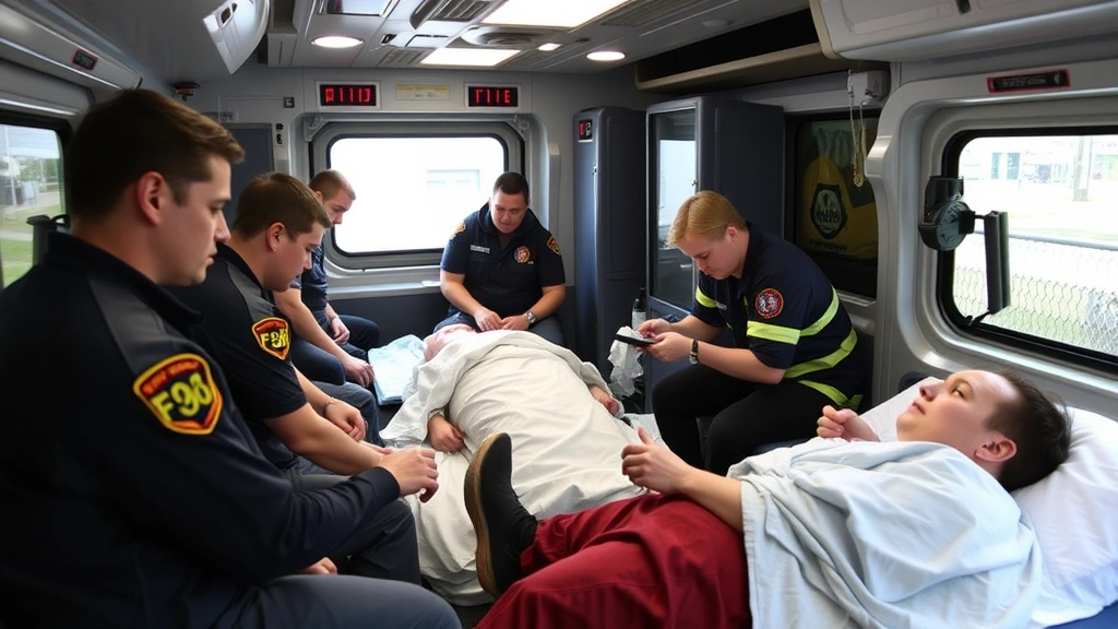 Diverse group of EMT students practicing patient assessment techniques in realistic ambulance interior during skills lab session