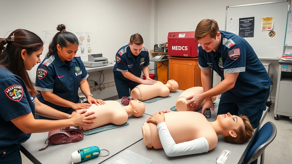 Young diverse paramedic students practicing chest compression techniques on CPR manikins during hands-on skills lab session with medical equipment surrounding them