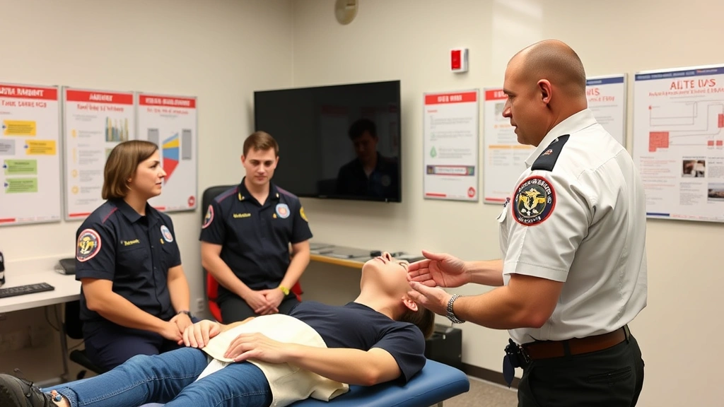 Instructor demonstrating airway management technique to attentive EMT students in professional medical training classroom with educational posters