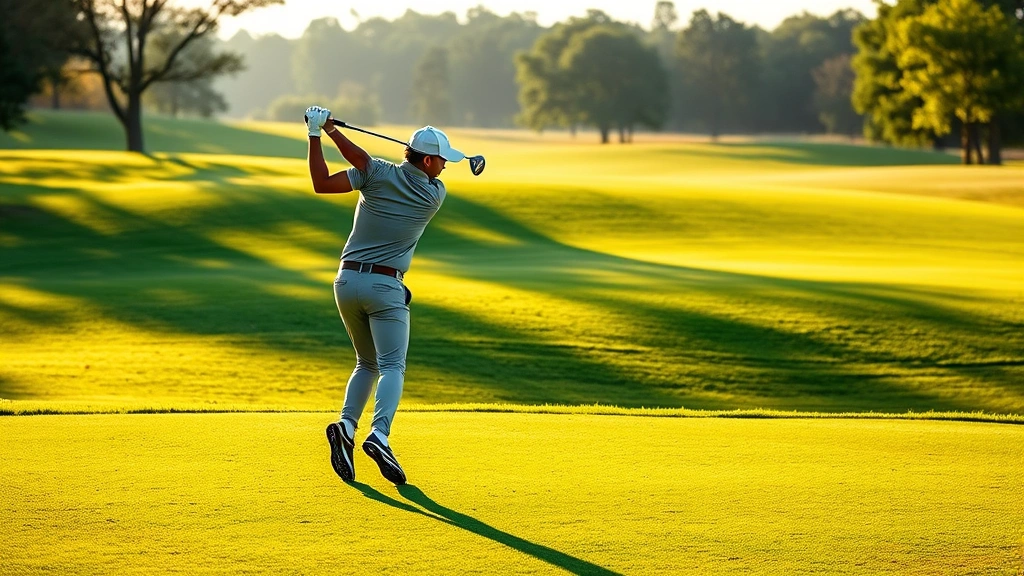 Golfer mid-swing on lush fairway with morning sunlight, manicured grass and distant trees, professional form and concentration visible