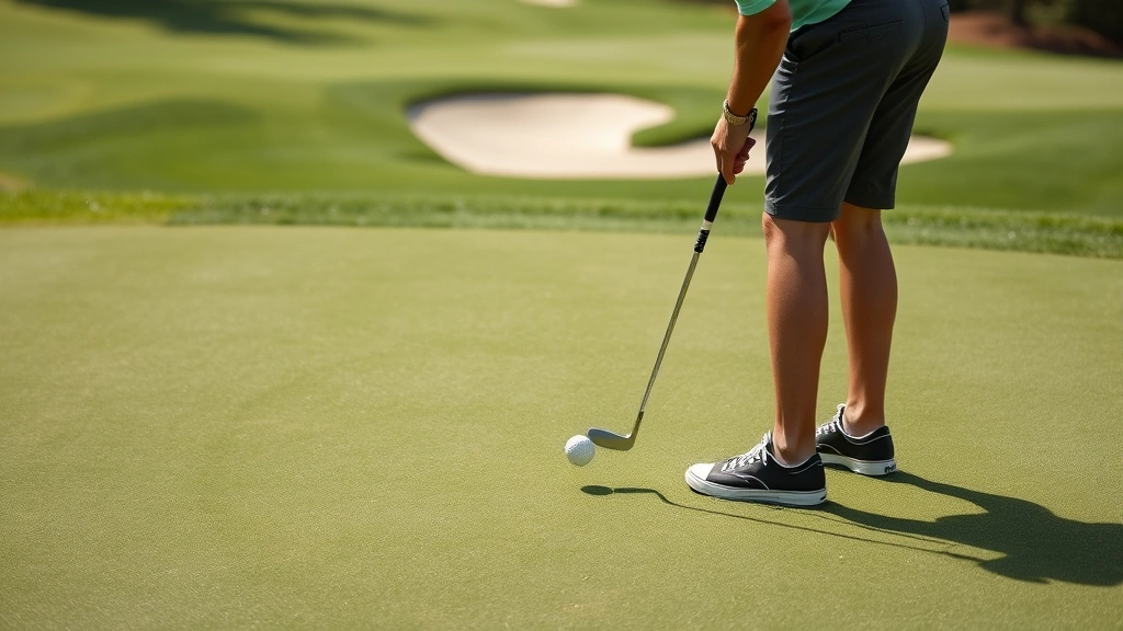 Putting green with golfer analyzing slope, bent grass surface with subtle contours, professional short game practice area with sand bunkers nearby